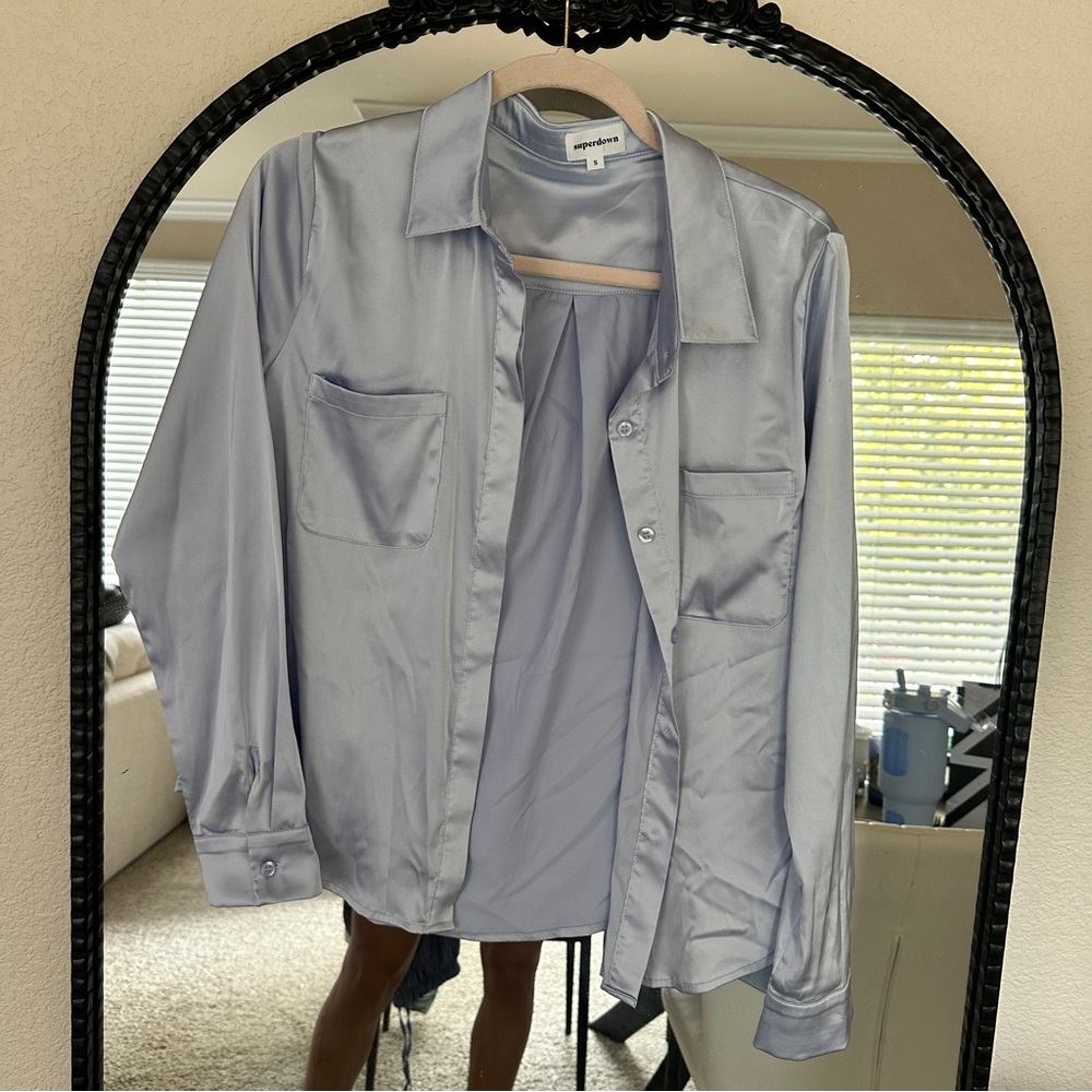 Superdown Light Blue Satin Button Down Shirt - image 1